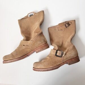 Frye Slouchy Ankle Moto Riding Boots Engineer Tan Suede Buckle Size 8 Womens